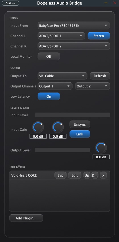 Dope Ass Audio Bridge set to capture an interface loopback pair and output to VB-Cable