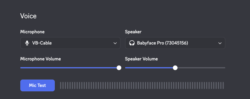 Discord voice settings with the microphone set to VB-Cable and the speaker set to an audio interface
