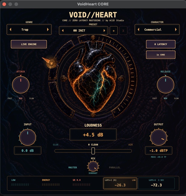 VOID//HEART CORE with its output ceiling set to -1.0 dBTP and a zero latency badge
